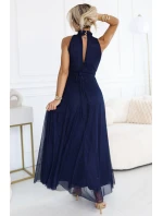 636-2 VERONICA luxusní dlouhé šaty s brokátovým akcentem a elegantním střihem - námořnická modř
