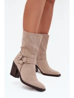 Dámské boty zateplené na podpatku s pásky a ozdobným detailem béžové Neria