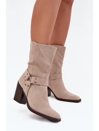 Dámské boty zateplené na podpatku s pásky a ozdobným detailem béžové Neria