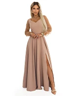 640-4 LORETTA jedinečné dlouhé šaty s tylovými rukávy a výstřihem - béžové