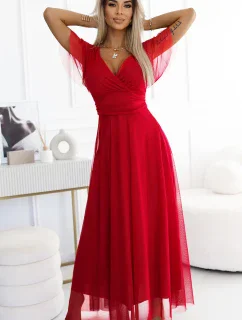 562-7 NASTIA Dlouhé šaty s výstřihem a krátkými rukávy - ČERVENÉ