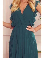 EMILY - Plisované dámské šaty v lahvově zelené barvě s volánky a výstřihem 315-1