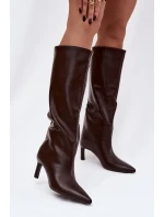 Dámské kozačky nazouvací na jehlovém podpatku s prošitím čokoládové Olyvia