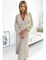 504-2 VIVIANA Plisované midi šaty s výstřihem, dlouhými rukávy a širokým páskem - BEACH
