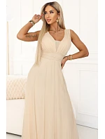 637-4 Dlouhé maxi šaty s brokátovými třpytkami a hlubokým výstřihem - šampaňsko-béžové