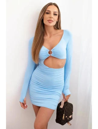 Dámské šaty s dlouhým rukávem a průstřihem v pase s ozdobným kruhem modrý