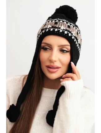 Dámská zimní čepice vlněná s ušními klapkami a bambulkami K436 černá + moka