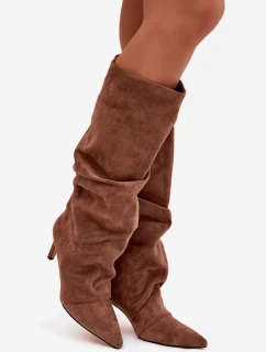 Dámské zateplené kozačky na jehlovém podpatku Mavella – tmavě béžové, eko semiš