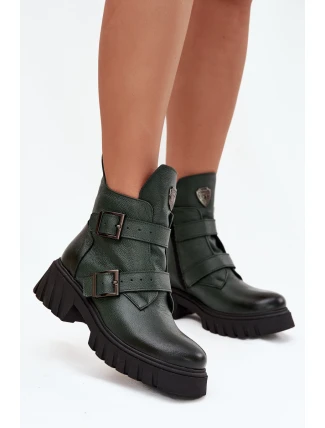 Kožené zateplené dámské boty s přezkami a ozdobným detailem Zazoo 60482 tmavě zelené