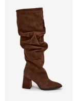 Vlnité kozačky z pravé semišové kůže na podpatku vyhřívané Zazoo 4228 hnědé
