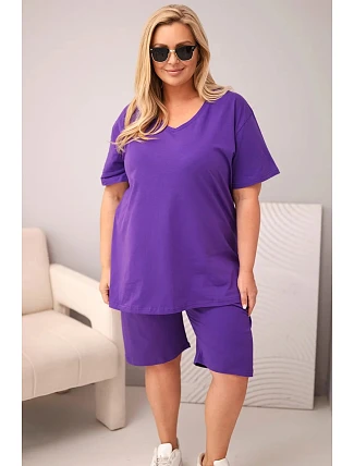 Dámská bavlněná souprava Plus Size s halenkou a šortkami fialová Dámská bavlněná souprava Plus Size s halenkou a šortkami fialová