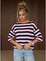 Dámský oversize svetr s pruhy v tmavě modré a růžové barvě FashionStreet MY2609