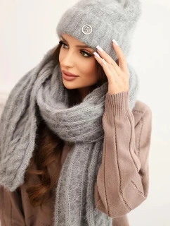 Dámská souprava čepice a šála s proužky se zdobením šedá