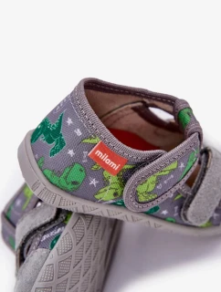 Dětské papuče na suchý zip – šedo-zelené Reathiana (s motivem dinosaurů)