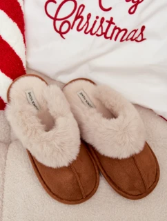 Dámské pantofle s kožíškem – camel Delissa