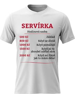 Dámské bavlněné tričko s potiskem - HODINOVÁ SAZBA SERVÍRKA - bílé