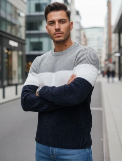 Pánský svetr s kulatým výstřihem šedé a tmavě modré barvy FashionStreet WX2320