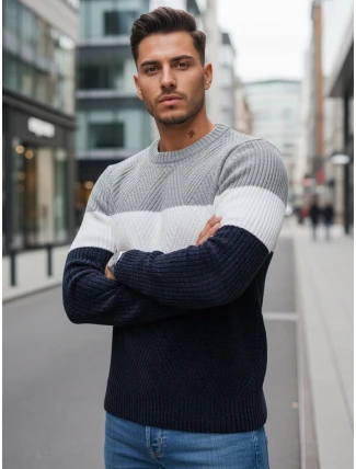 Pánský svetr s kulatým výstřihem šedé a tmavě modré barvy FashionStreet WX2320