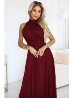 636-1 VERONICA luxusní dlouhé šaty s brokátovým akcentem a elegantní linií - vínová barva