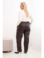 Dámské kalhoty Plus Size zateplené z ekokůže s vysokým pasem hnědé