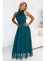 636-4 VERONICA – luxusní dlouhé šaty s brokátovým detailem a elegantním střihem – zelené