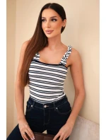 Dámská žebrovaná halenka v proužcích na ramínkách s volánkem tmavě modrá