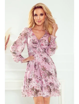 410-1 MONICA šifonové šaty s vázaným výstřihem - BRUCE PINK + KVĚTINY