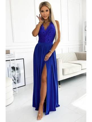 211-7 Dlouhé šaty LEA s krajkovým výstřihem - MODRÉ