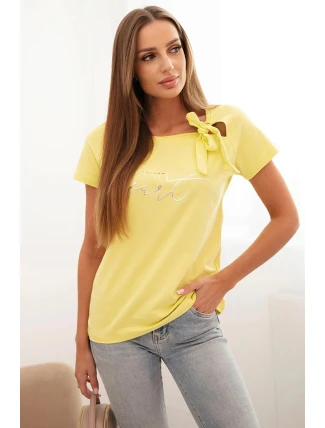 Dámská bavlněná halenka s mašlí na rameni a s potiskem žlutá