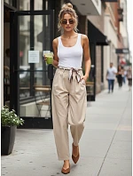 Dámské kalhoty s vysokým pasem a záševky v tmavě béžové barvě FashionStreet UY2902