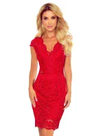 Červené krajkové dámské šaty s krátkými rukávy a dekoltem 316-1