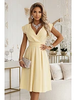 348-13 SCARLETT rozšířené midi šaty s obálkovým výstřihem a páskem - máslově žluté