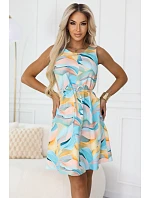 296-15 VICTORIA Trapézové letní šaty v barevných vlnách - citronově modré