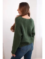 Dámský svetr s podílem vlny a výstřihem do V v barvě khaki