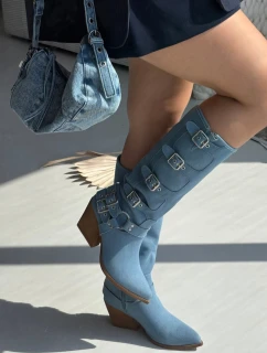 Dámské džínové kozačky kovbojského stylu na podpatku s přezkami Fivelle – jeansové