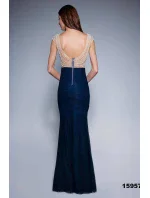 Dámské společenské šaty SOKY SOKA s perličkami a krajkou dlouhé tmavě modré - Tmavě modrá / XL - SOKY&SOKA