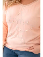 Dámská blůza Plus Size s potiskem a perlami meruňková