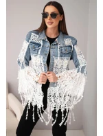 Dámská džínová bunda bavlněná s krajkou a třásněmi tmavě džínová