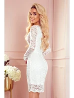 Dámské krajkové šaty v ecru barvě s dlouhými rukávy a výstřihem 170-11 Dámské krajkové šaty v ecru barvě s dlouhými rukávy a výstřihem 170-11