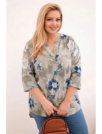 Dámská bavlněná halenka Plus Size s květinovým vzorem béžová Dámská bavlněná halenka Plus Size s květinovým vzorem béžová