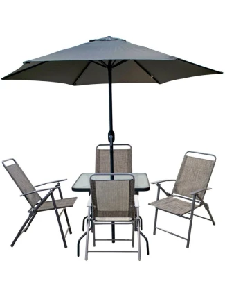 SADA ZAHRADNÍHO NÁBYTKU SYDNEY STŮL 4 ŽIDLE A SLUNEČNÍK ŠEDÁ