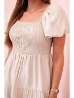 Dámské viskózové šaty s nabíranými rukávy a volánkovým topem béžový Dámské viskózové šaty s nabíranými rukávy a volánkovým topem béžový