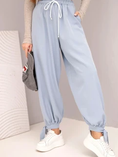 Dámské kalhoty s širokými nohavicemi a zavazováním dole džínové modré