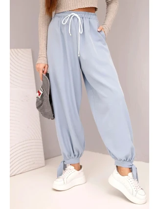 Dámské kalhoty s širokými nohavicemi a zavazováním dole džínové modré