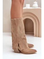 Semišové Kozačky Do Poloviny Lýtka S Otočeným Svrškem Na Podpatku Béžové Zazoo 3487