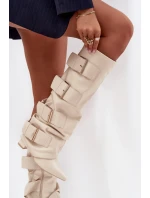 Dámské kozačky na sloupkovém podpatku s ohrnovaným svrškem a zlatými přezkami Isavelle – světle béžové