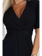 581-7 JENNIFER dlouhé šaty s rozparkem na nohou, rukávy a výstřihem - černé