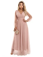 664-1 Dlouhé maxi šaty s tylovými rukávy a obálkovým výstřihem - pudrově růžové
