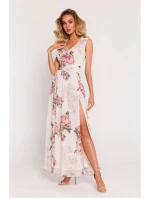 Dámské šifonové šaty M781 model 2 Ecru s květy - MOE Dámské šifonové šaty M781 model 2 Ecru s květy - MOE