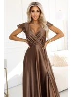 411-14 CRYSTAL saténové dlouhé šaty s výstřihem - moka pěna 411-14 CRYSTAL saténové dlouhé šaty s výstřihem - moka pěna